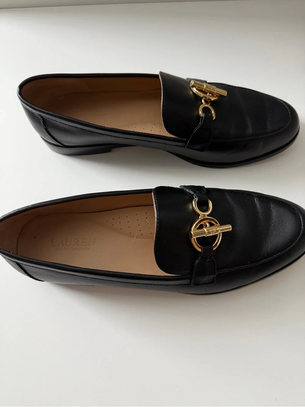 Lauren Ralph Lauren Black Leather Blaike Loafers with Gold Hardware